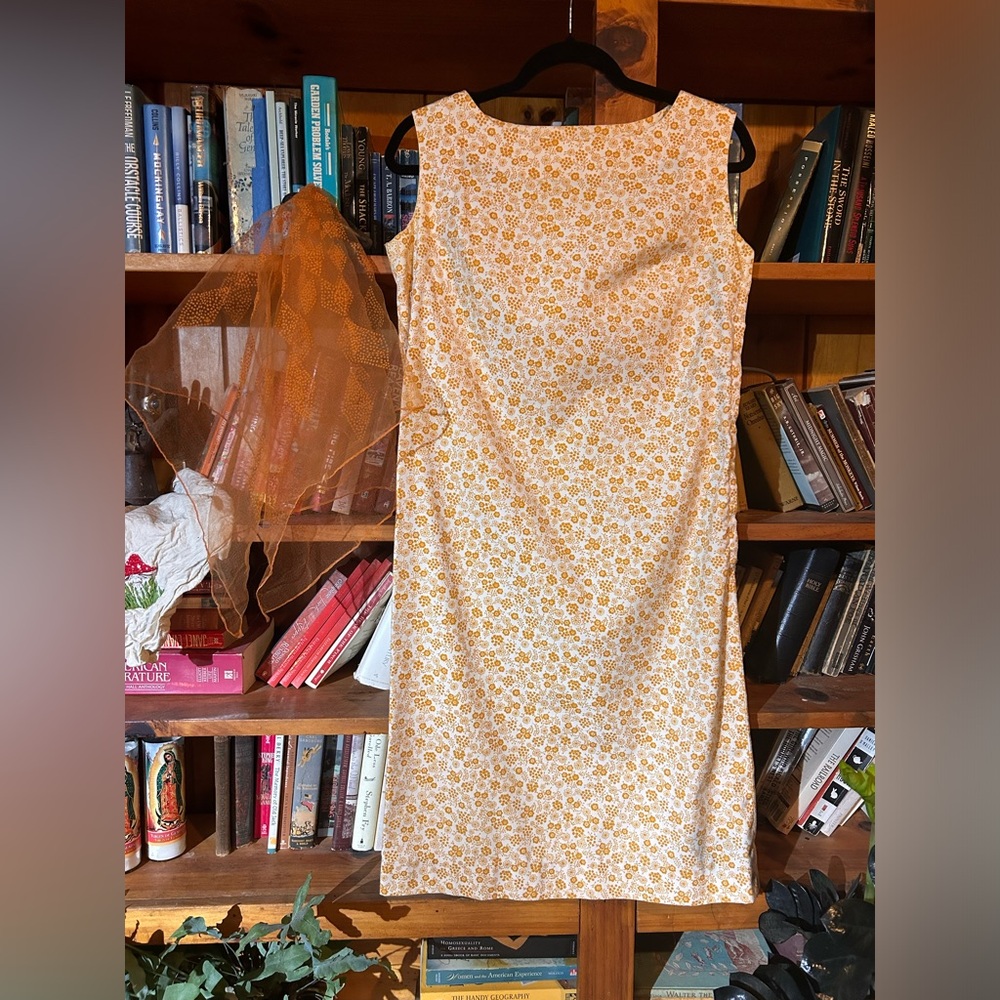 Vintage ‘60’s Style Yellow Floral Sheath Dress (Handmade) w/ Orange ‘70’s Scarf